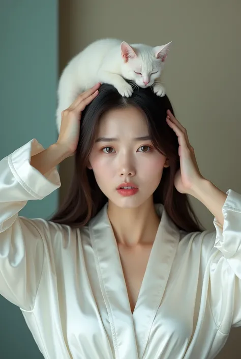 Create an Asian beauty with long hair，Regular facial features，Wearing a white satin bathrobe，Scratching his head with both hands，A white, cute little cat is licking its hair on top of its head，，The beautiful womans head is full of dandruff，Theres a lot of ...