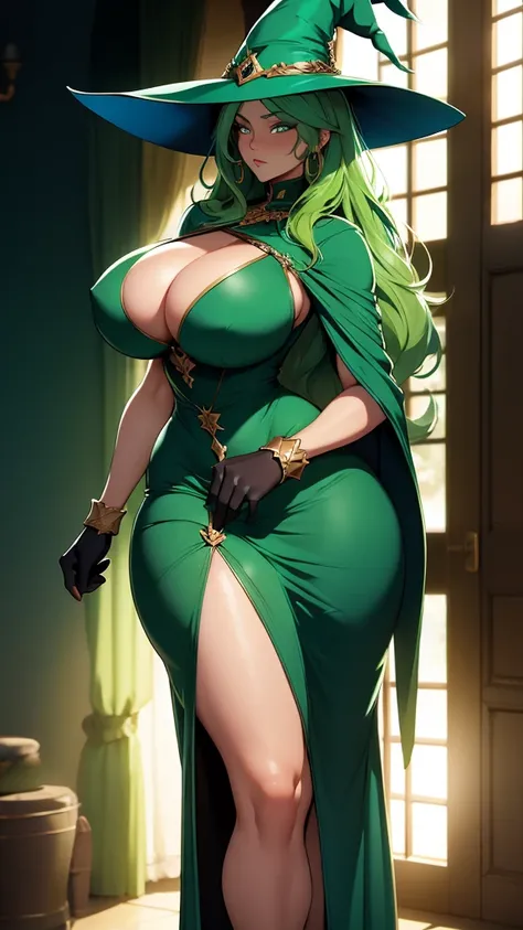 Best quality,Amazing,Masterpiece,Ultra-high resolution, 1 woman, mature woman, busty, round buson, dyed Green hair, curvy hair, Cyan eyes, witch hat, witch clothes, long arm-gloves, firm body, long dress, serious