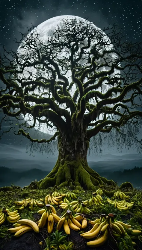 An ancient tree, covered in dew, moss and decay, floating in a dark, foggy forest. The ancient tree is surrounded by twisted roots and strange flowers and leaves. The sky is bright and the moon is full, the moon is round, large, unusually bright, the sky i...