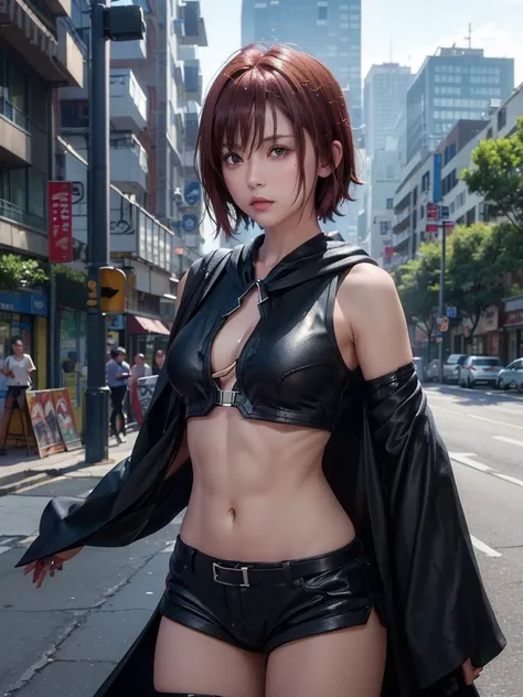 kurosaki mea、((No hair, Shaved head, Buzz cut hair)), 最high quality、high quality, (Camera from the front:1.5, View from the front:1.2), ((Masseter muscle area)), ((High resolution)), ((最high quality)), detailed, ((Glowing Skin:1.2)), (Black Bondage, Waist ...