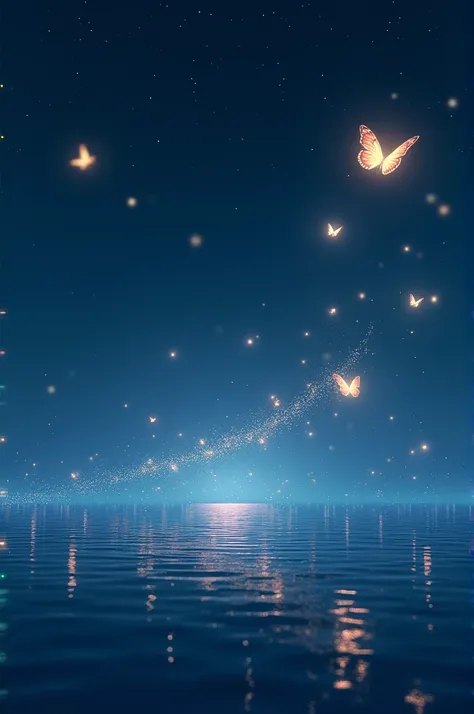 Ocean covered with fireflies and butterflies