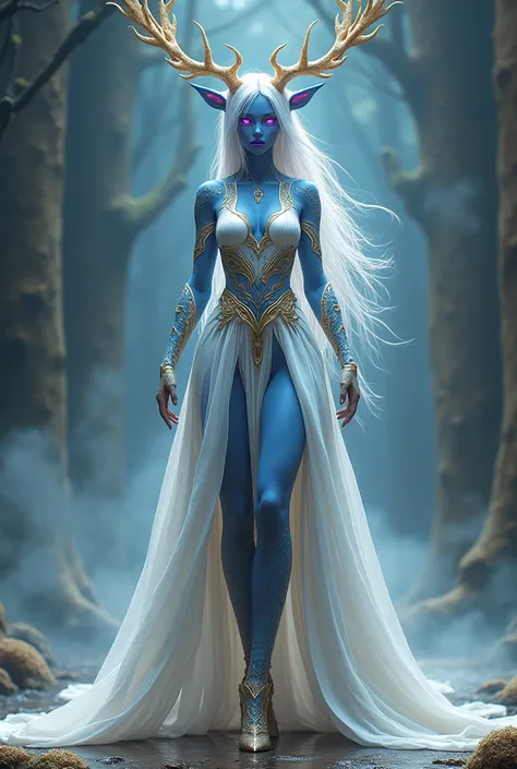 A woman with antler. She has no ears. She has long white hair. Her skin is blue. Purple eyes. White and gold dress. Scaled arms. Her feet look like horse hooves. She is tall and strong.