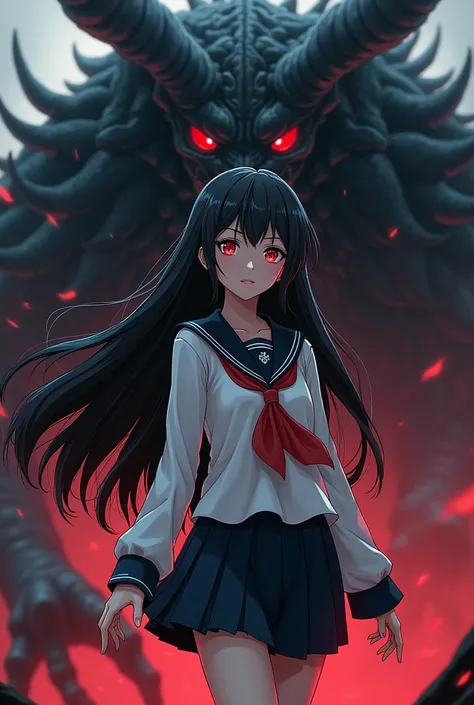 Sailor suit、、Long Black Hair、Red eyes、Anime Style、There is a monster behind him, guarding him.