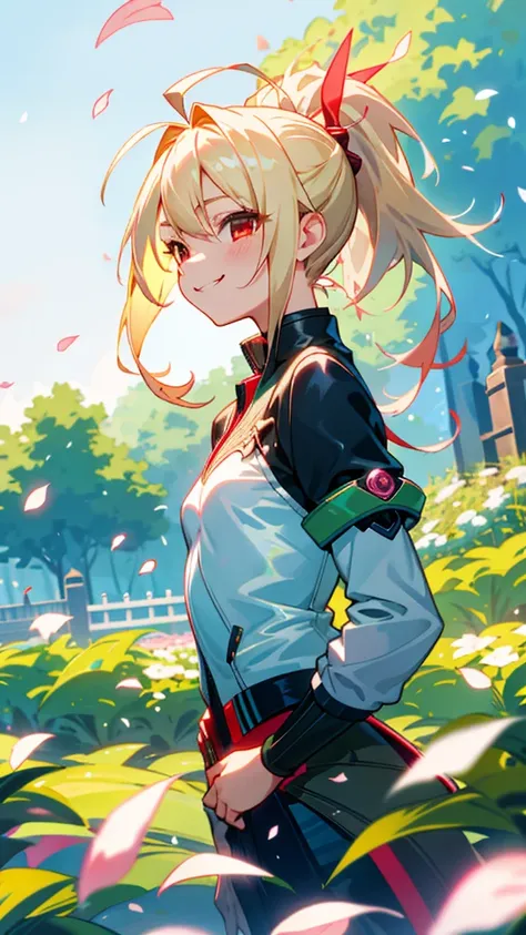 1 girl、riders jacket、small breasts、blonde、ponytail、round red eyes、ahoge、from the side、wicked smile、one beautiful, delicate portr...