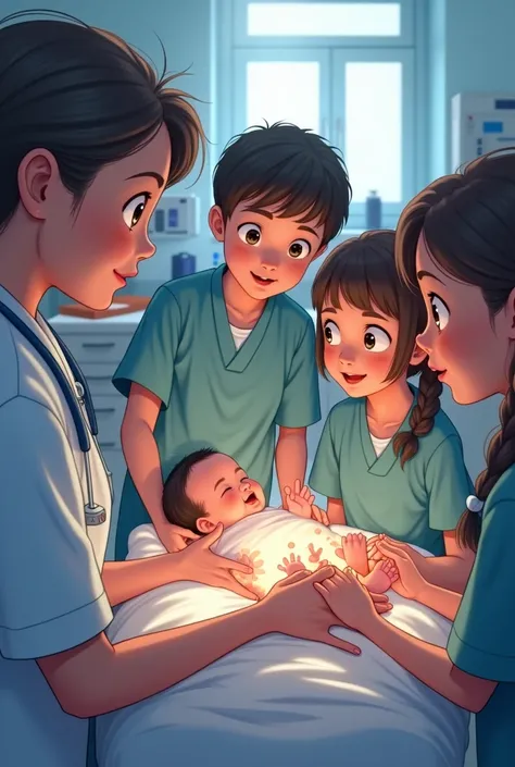 A midwifery student  boys and girls stand together and the docter received anew born baby