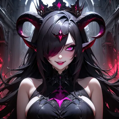 Demonic Girl, seductively wide smile,  horns on head, wearing tight dress, sitting on throne like a queen , The image is life-like and semi-realistic. Extreme detail has been put into the shading. Extensive detail has been put into making demonic girl with...