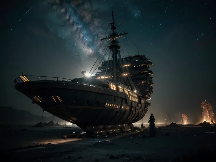 An otherworldly wrecked space vessel, the remnants of a once powerful cosmic empire, hangs in the void of a desolate universe. This scene is depicted in a highly detailed digital painting, showcasing the intricate metal framework intertwined with twisted a...