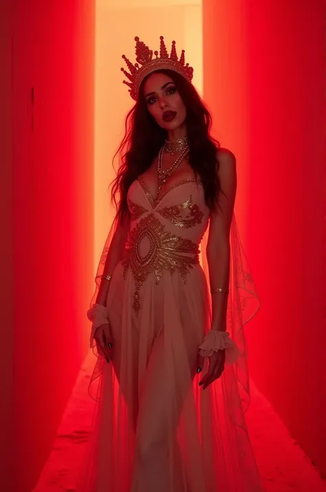 A bright red corridor、a foreign woman in a white ethnic costume、makeup like Marilyn Manson、Look at this and laugh、smile、An inappropriate smile、Sexy pose