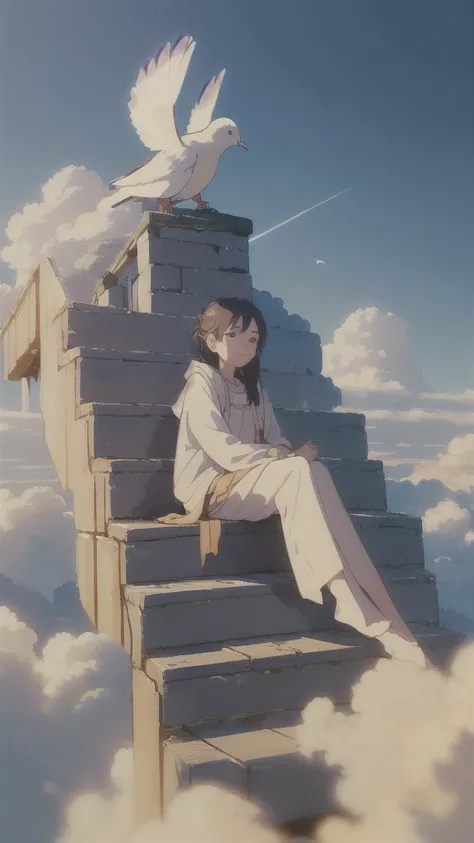 (1girl sitting on stairway to heaven), above the clouds, seas of clouds, ascending, ethereal, peaceful, graceful, innocent, hope...