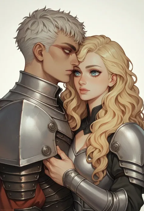  berserk style, beautiful woman, long curly blonde hair, gentle and shadowy eyes, silver iris, armor black, medieval with a circular sun on the chest, with a bastard sword strapped to his back.