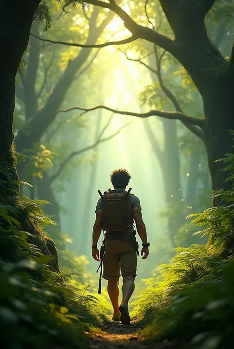 In Cinematic 3D animation style"Arjun walking through a dense, mysterious forest, with sunlight filtering through the trees"