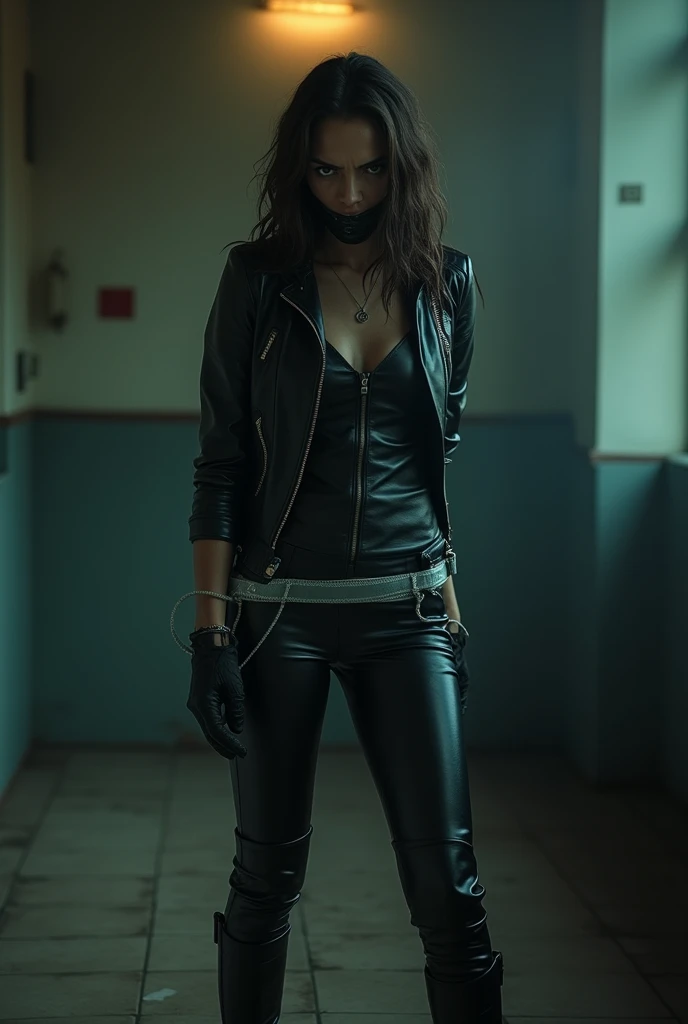 Dafne keen, in leather leggings, jacket, boots, gloves, arm tied behind, leg tied, duct tape, gagged, silver tape, soft light, alone, angry, mouth tied, chair tied, uhd, 4k