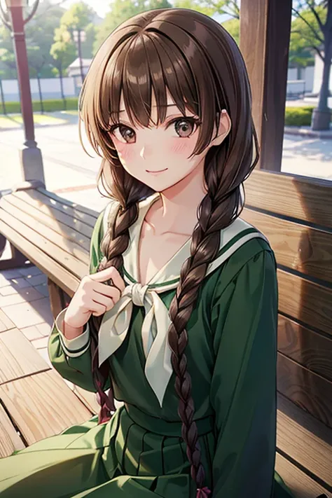 yuno shimazu、shiny brown hair,long hair,  、((2 braids:1.5、hair that falls over the shoulders)),beautiful brown eyes、sparkling ey...