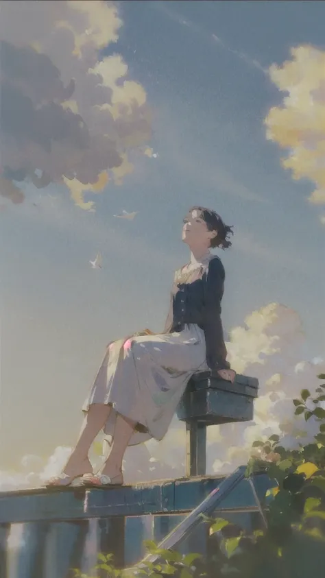 (1girl sitting on stairway to heaven), above the clouds, seas of clouds, ascending, ethereal, peaceful, graceful, innocent, hope...