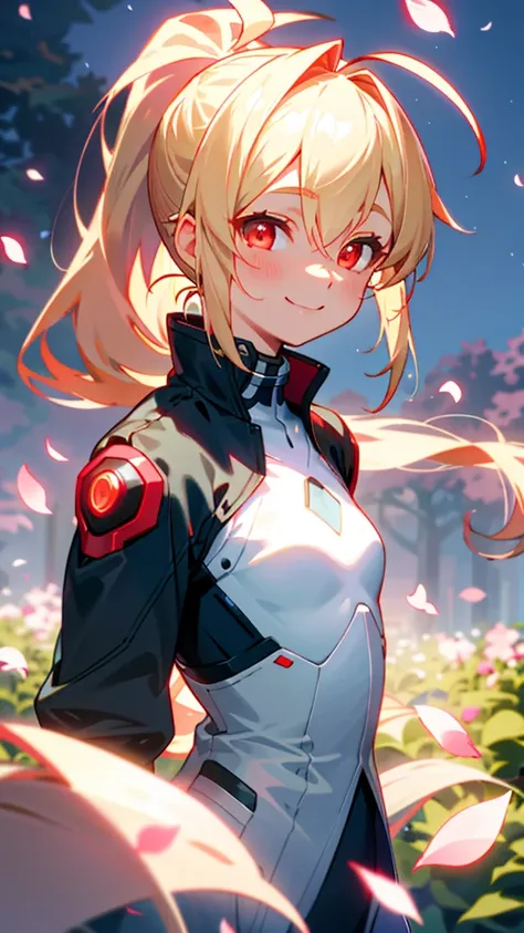 1 person、riders jacket、small breasts、blonde、ponytail、glowing red eyes、ahoge、from the side、smile、1 beautiful and delicate portrai...