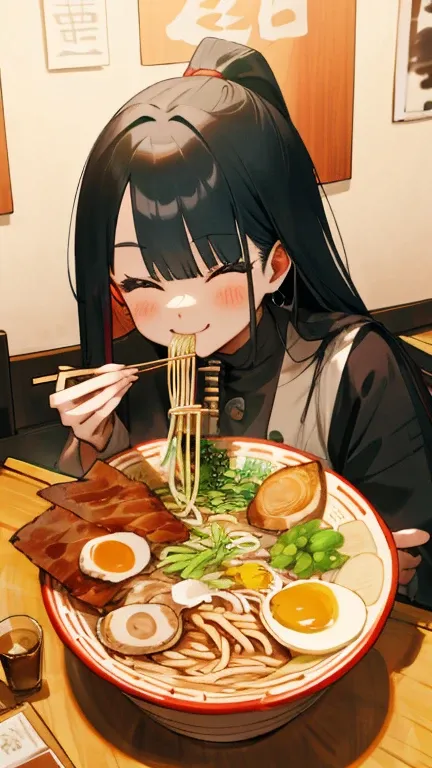 a smiling japanese woman eating soba noodles