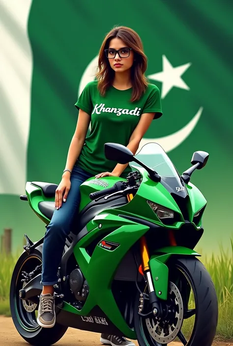 ×
SeaArt
wearing a green  colour shirt with name khanzadi

  and dark blue paint with  pakistani flag  in background about 20 years old girl wearing dead
black glasses
standing with  sport bike which green colour  