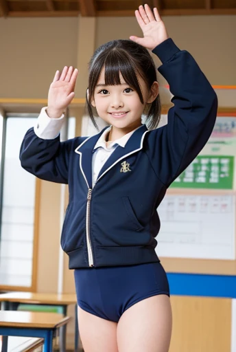 Primary school students，Gym suit，Bloomers，child，Wave your hands in front of you, towards me.，whole body，Bloomersを着たchild，Bloomersを履いたPrimary school students，whole bodyを写す