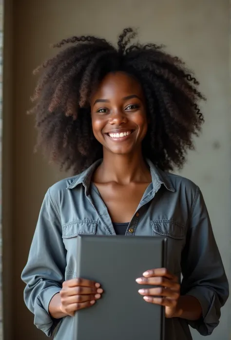 (premier travail:1.1), (photoréalisme:1.1), (1fille), ivoirienne les cheveux africain et ondulés　　âge de 18ans et obtenant son baccalauréat a Abidjan Belle femme　et souriante Fond simple marron ou beige de travail, cheveux différents, Debout et accompagné,...