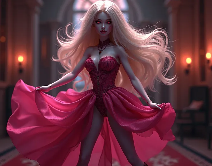 ((anime art: 1.5)), RPG art, Dark fantasy anime  art, comic illustration of extremely beautiful Barbie vampire, real life  Barbie mistress of death, she has long hair, flowing hair, wavy hair, blond hair, pale grey skin, (red eyes: 1.3) (glowing eyes: 1.3)...