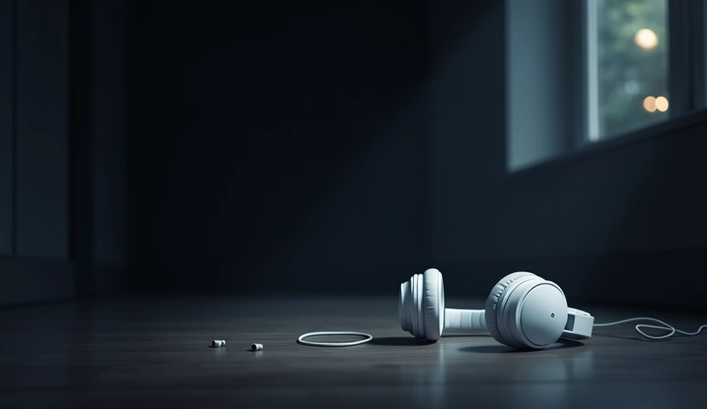 Dark Room,Inside the room,White headphones that fell on the floor,Anime Style, Low angle shooting,Blur the background,High resolution, Anti-aliasing