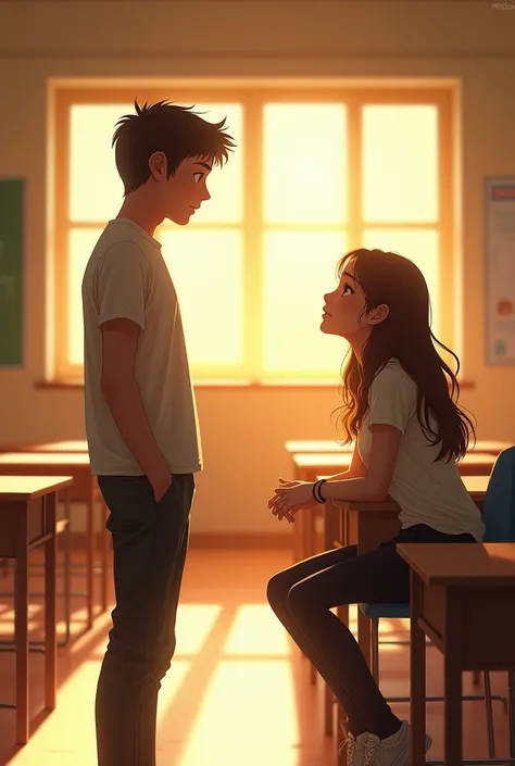 
**"An empty classroom with sunlight coming through the window, creating a bright reflection on the ground. in the center of the classroom, A tall young man (David) sees a young woman with brown hair (Anna) sitting at one of the desks. Capture the atmosphe...