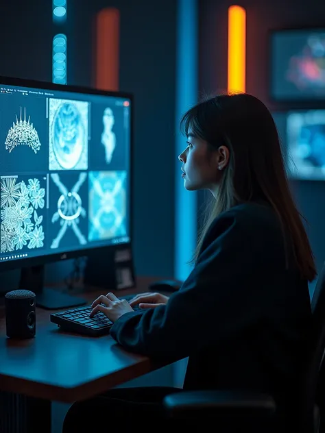 Woman sitting in front of a computer,  choosing an image among six that appear on the computer screen. dark surroundings, with predominant dark blue tone and orange LED lights, Wallpaper Art, UHD Wallpaper, cyberpunkstyle