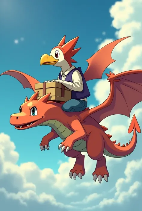 pokemon with a box and a bird in a helmet, dra the dragon, dragon! dragon!, dragon! dragon! dragon!, dragon flying, dragon, dragon rider, dragon!, as an anthropomorphic dragon, dragon flying in the background, a dragon with a hat, riding a dragon, official...