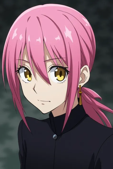 D.gray man,Exorcist, pink hair, gold eyes, right earring shaped like a stick, low ponytail, left side parted