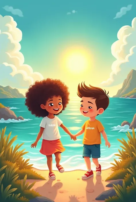 Draw a picture of two children with the holding hands, Written: Isabelle on the girls t-shirt and on the boys t-shirt write Jeferson, a has curly hair the straight hair, make a landscape behind with sun and sea 