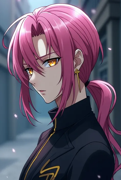 D.gray man,Exorcist, pink hair, gold eyes, right earring shaped like a stick, low ponytail, left side parted,man