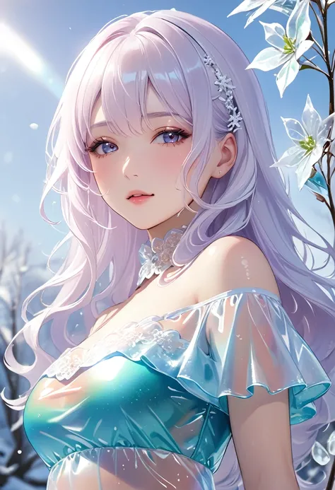 1girl,(Snow,Ice),snowflower,In winter,White hair,Shiny hair,Wavy hair,Transparent clothes,frilld,Lace,Wet clothes,Off_Shoulder,hair scrunchie,Masterpiece,Telephoto lens,absurderes,Exquisite facial features,