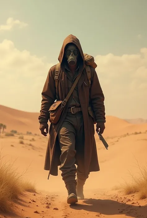 A male lone survivor walking in the desert,wearing a gas mask on his face,a brown sling bag,a dark brown color long coat and hood