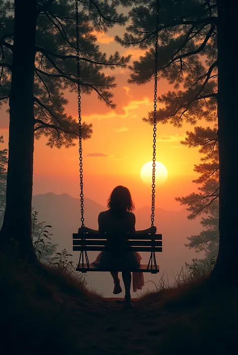 naturalistic landscape with silhouette of sad woman sitting on swing with sunset rays covered by trees 