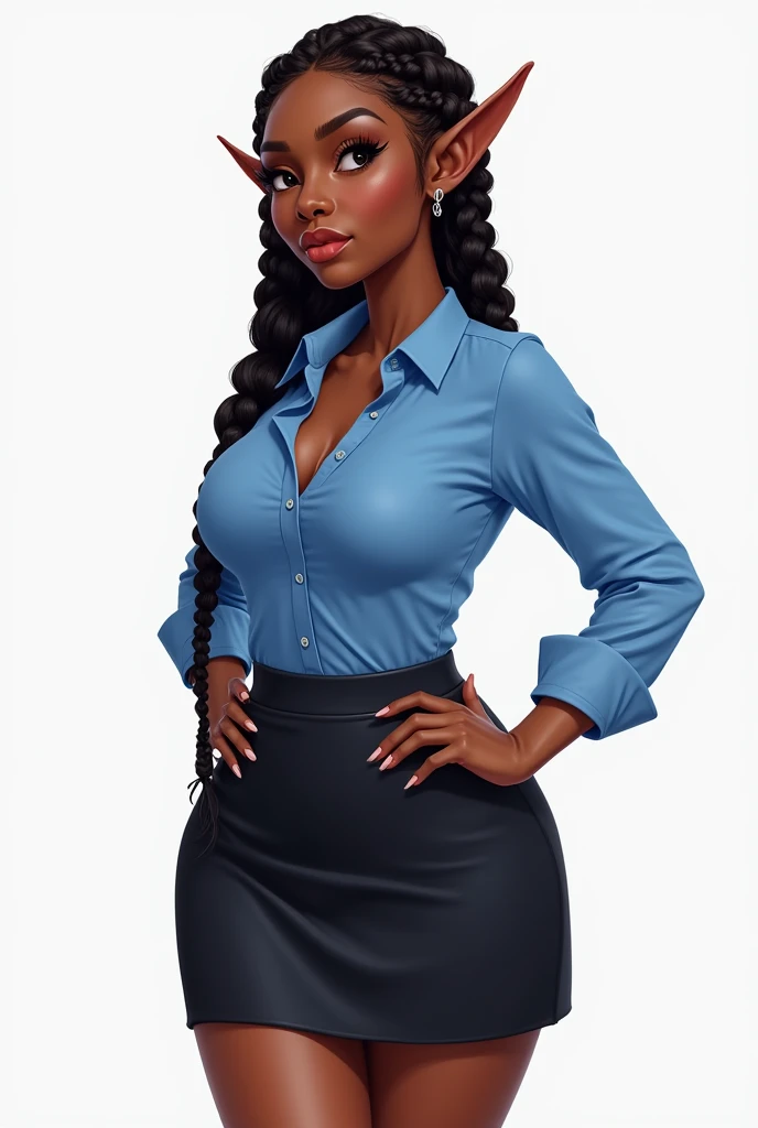 Clipart of dark womans corporate dressing. Blue shirt and decent black skirt in braids, elf ears, cleavage, thigh, short skirt, sexy