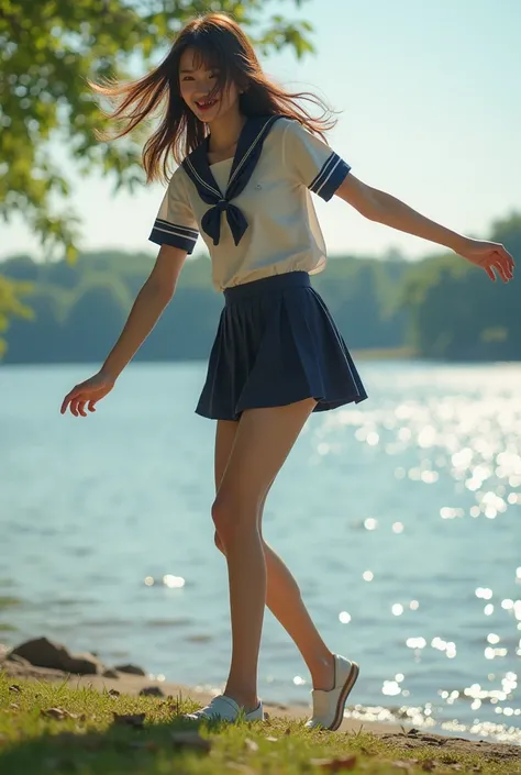 (Raw photo, masterpiece, Highest quality, High resolution, Photo quality), alone, beautiful girl, school uniform, 18-year-old, ((Thighs, panties)), from below, Dancing, grin, lake side