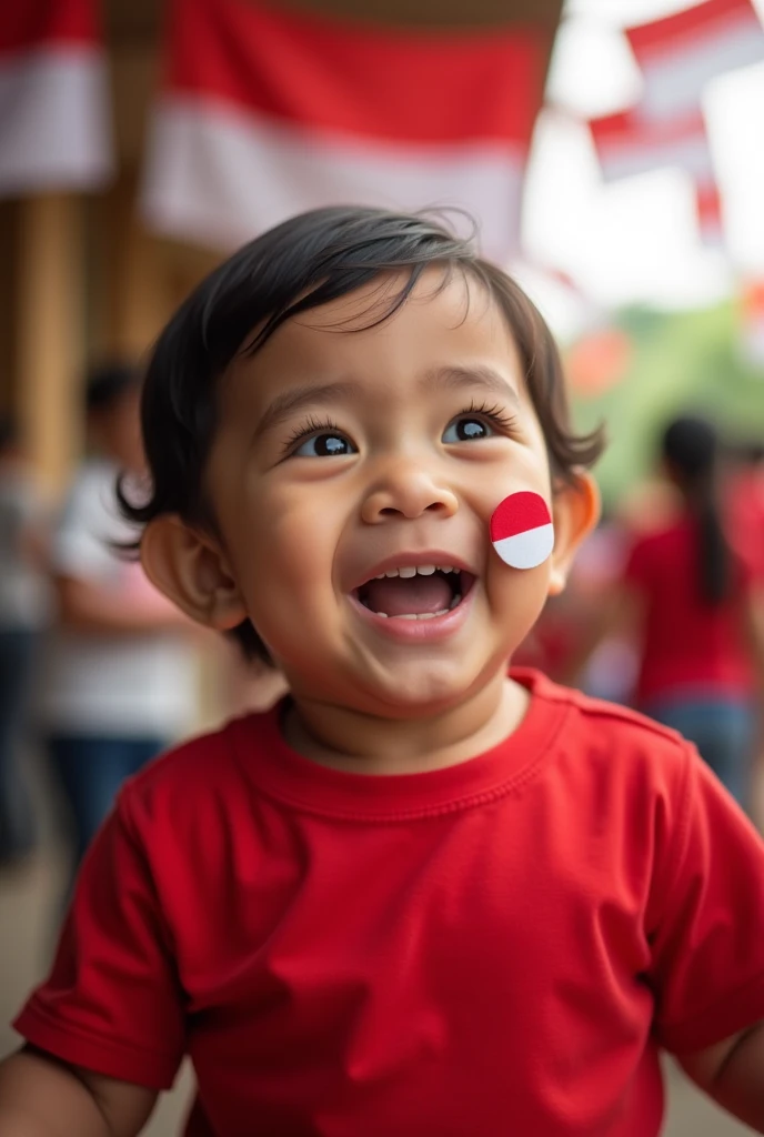 a child celebrating the birthday of the Republic of Indonesia. Wearing a plain red shirt. there is a red and white flag patch on his cheek 