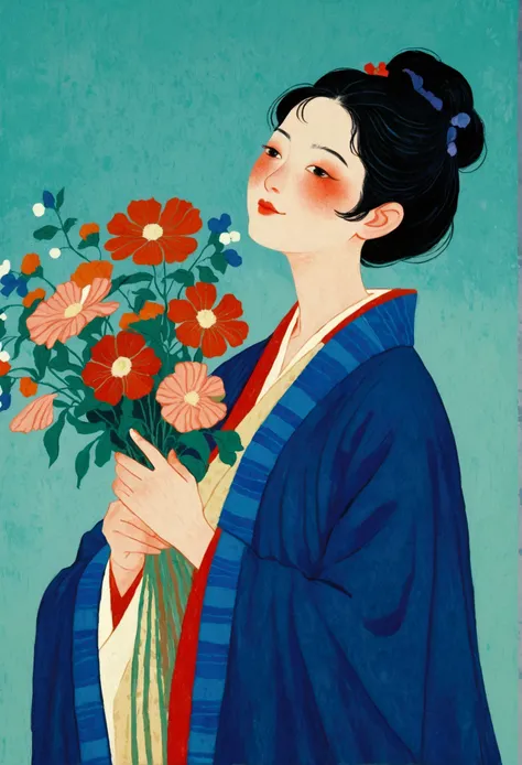 A painting，A woman holding a bouquet of flowers, Kose Kanaoka（Kose Kanaoka）Minimalism, Popular trends on pixabay, Cloisonnism,Holding flowers, With blue background, Bring flowers, Flowers grow from the body, Blue loose robe