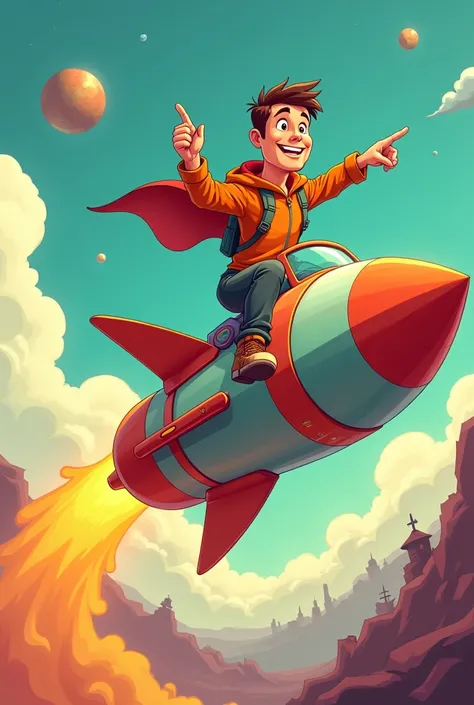 Cartoon image format, of a man riding a rocket and pointing forward.