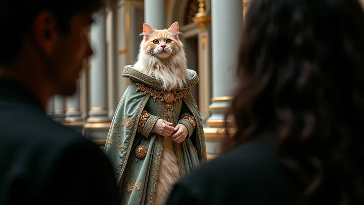 Un maincoon chat avec une tenue de comtesse pour la cour de roi 