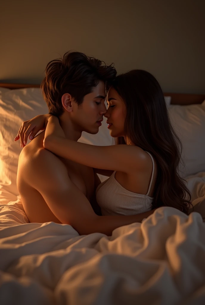 A beautiful couple seating on bed , girl kissing him , 