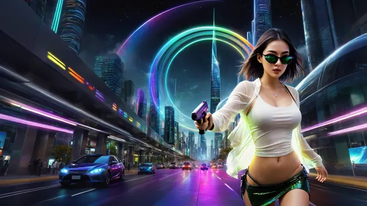 Estilo: arte conceitual. A cena: Futuristic cityscapes with colorful all-glass towering skyscrapers, sleek aerodynamic vehicles speeding through the air, sci-fi spirit-sparkling rainbow colors wormhole at the end of the street. High-resolution OLED GUI int...