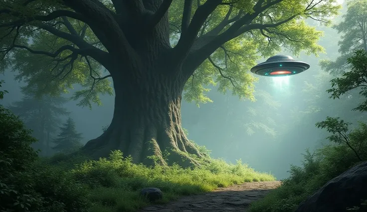 A UFO is going towards on a big tree 