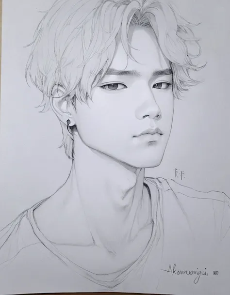 drawing of a young man with a cross around his neck, Retrato de Jossi do Blackpink, a drawing de anime, a drawing, inspired by Aleksander Gine, inspired by Awataguchi Takamitsu, anime sketch, official art admirer, faded drawing, kpop idol portrait, line sk...