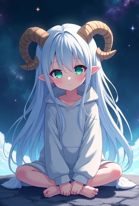 Ram&#39;s horn、Long white hair、10 years old、Anime Style、Right eye is green、Left eye is blue、Fluffy hoodie、The background is space、A vacant expression、Sitting cross-legged、Hands in front of you、No hood、