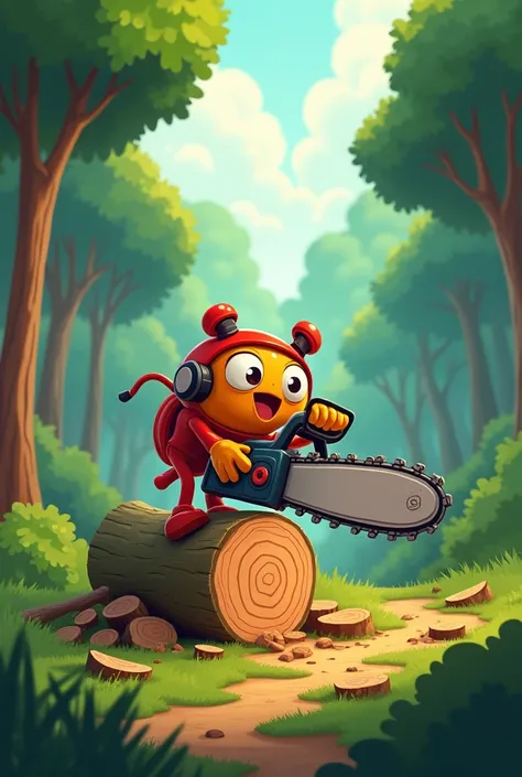 Chainsaw. Animated forest log 