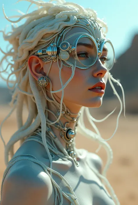 Ethereal Cyborg Woman, bioluminescent jellyfish tiara. Steampunk goggles merge with translucent tentacles. Cracked porcelain skin meets iridescent scales. Mechanical implants and delicate tendrils intertwine. Human characteristics with an otherworldly glow...