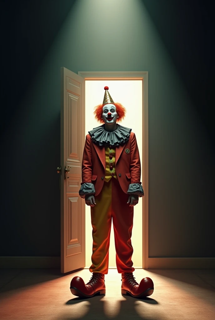 A man wearing a clowns uniform, standing in center of  stage, opened door behind with lights shinning, angle view from bottom of stage, funny uniform, dark background, 