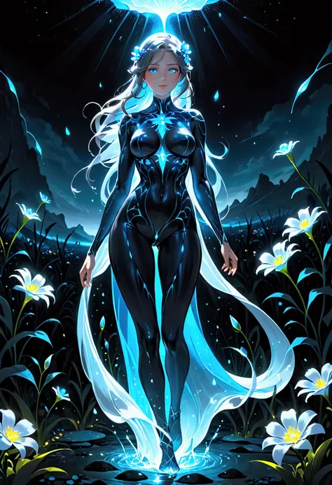 high quality, 8K Ultra HD, beautiful and sexy Bioluminescent woman with a slim figure medium teardrop breasts, beautiful flowing Bioluminescent flowers forming a beautiful woman, full depth of field and realistic textures
