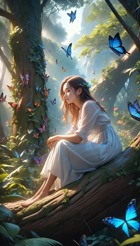 a beautiful young woman, sitting on a tree trunk, surrounded by lush nature, colorful butterflies, intricate details, photorealistic, highly detailed, vibrant colors, cinematic lighting, dramatic composition, ethereal atmosphere, serene, (best quality,4k,8...